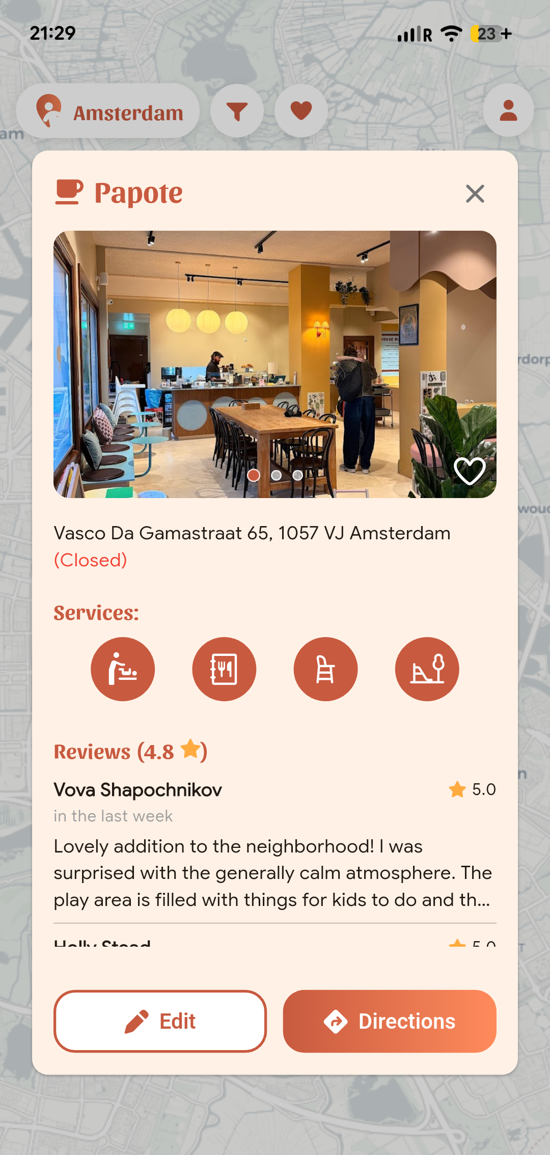 Place detail with services and reviews