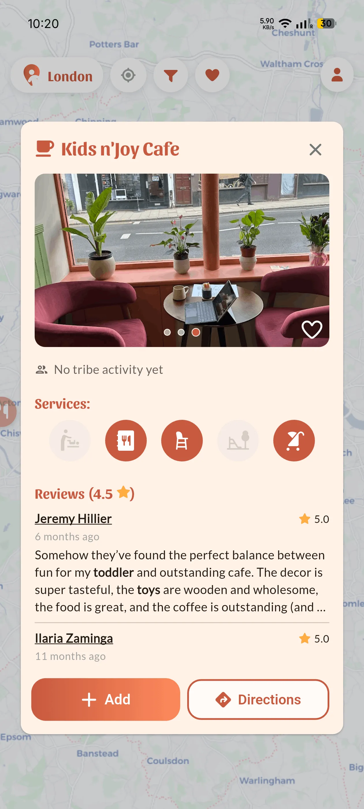 Place detail with services and reviews